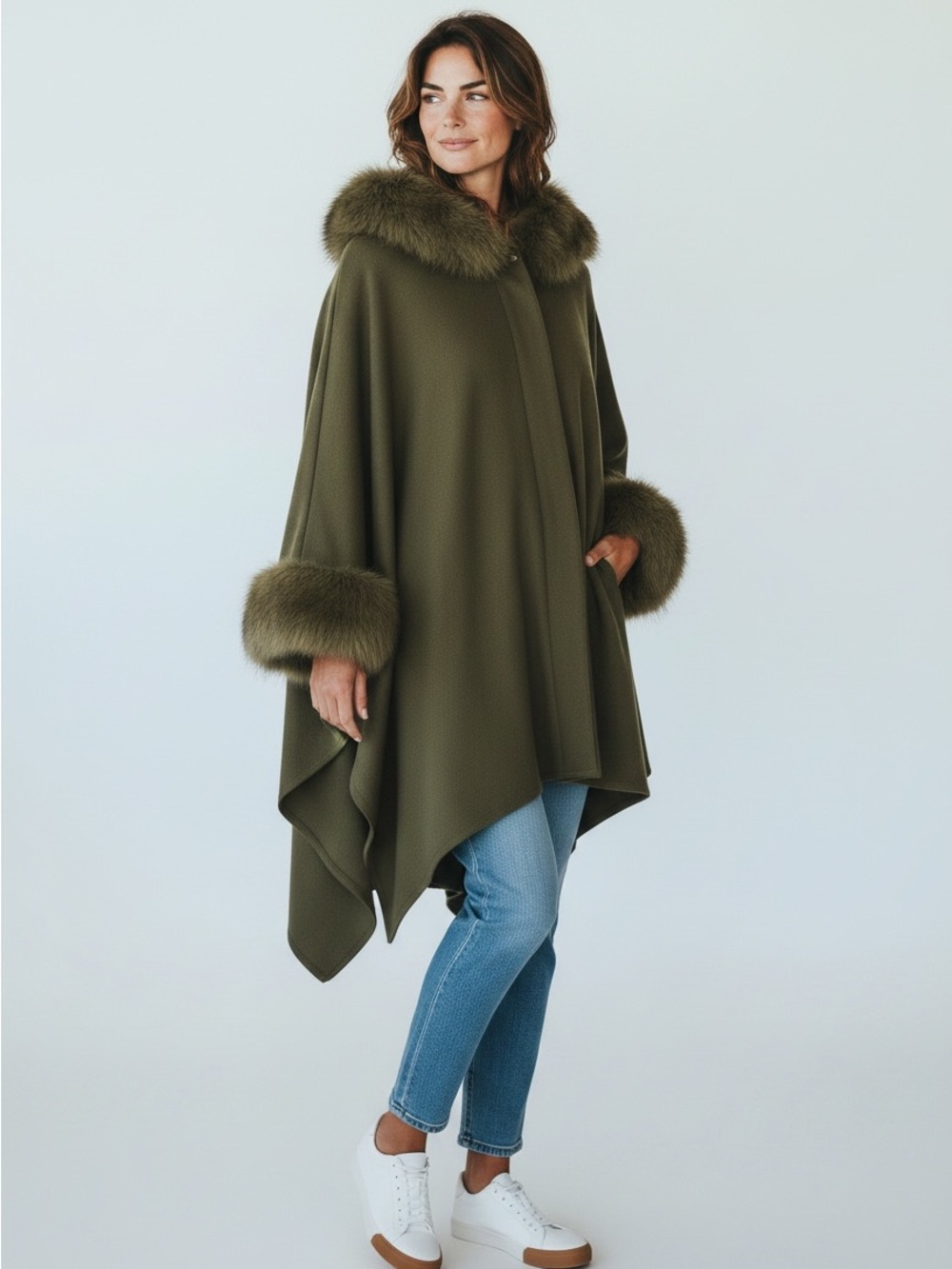 Olive Green Fur-Trim Hooded Cape
